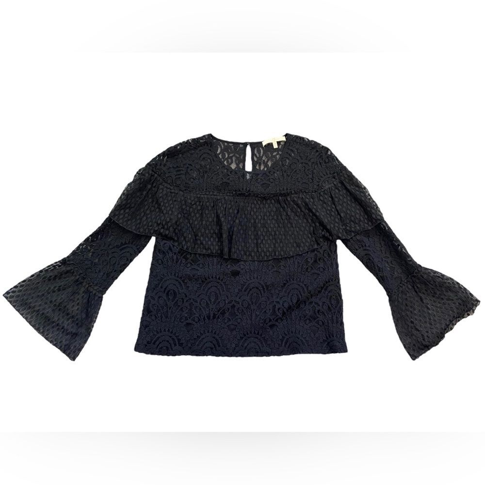 7 For All Mankind Black Sheer Ruffled Blouse with Bell Sleeves